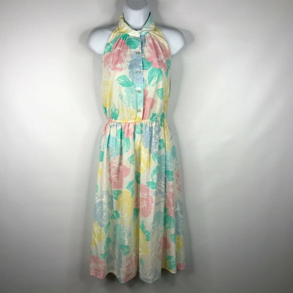 Vintage 80s Bee Darlin Pastel Floral Button Collar Halter Dress